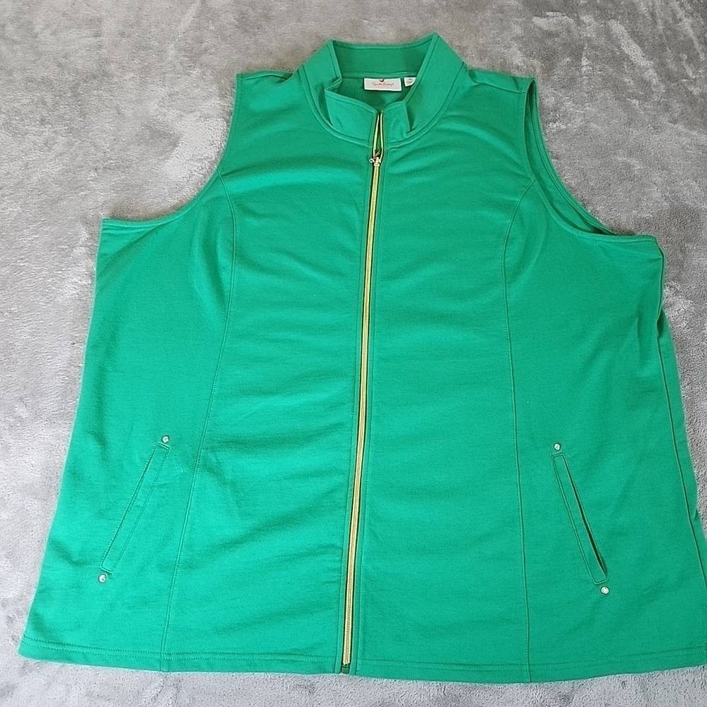 Quacker Factory Vest Womens 3X Green Fleece Pocket Trim Full‎ Zip Casual Auntie